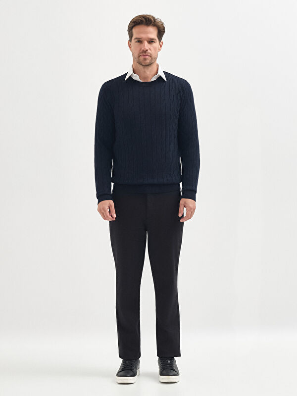 Erkek Lacivert Yün Karışımlı Jakarlı Triko Kazak