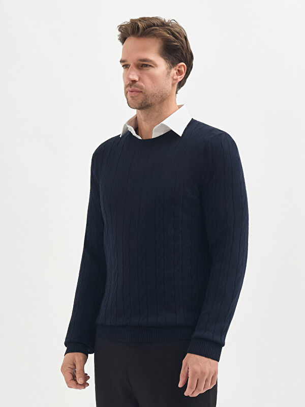 Erkek Lacivert Yün Karışımlı Jakarlı Triko Kazak