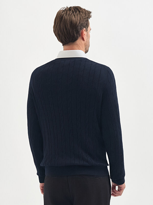 Erkek Lacivert Yün Karışımlı Jakarlı Triko Kazak