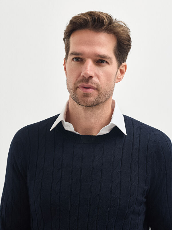 Erkek Lacivert Yün Karışımlı Jakarlı Triko Kazak