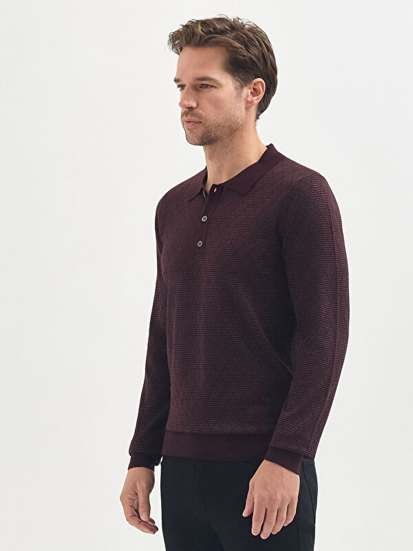 Erkek Bordo Yün Karışımlı Polo Yaka Desenli Triko Kazak
