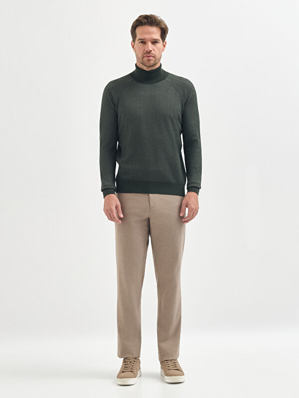 Erkek Haki Yün Karışımlı Boğazlı Yaka Desenli Triko Kazak