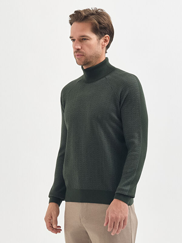 Erkek Haki Yün Karışımlı Boğazlı Yaka Desenli Triko Kazak