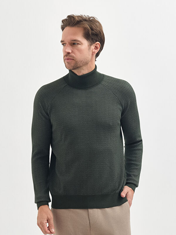 Erkek Haki Yün Karışımlı Boğazlı Yaka Desenli Triko Kazak