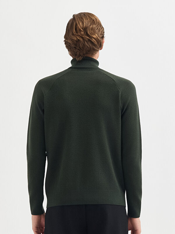 Erkek Haki Yün Karışımlı Boğazlı Yaka Desenli Triko Kazak