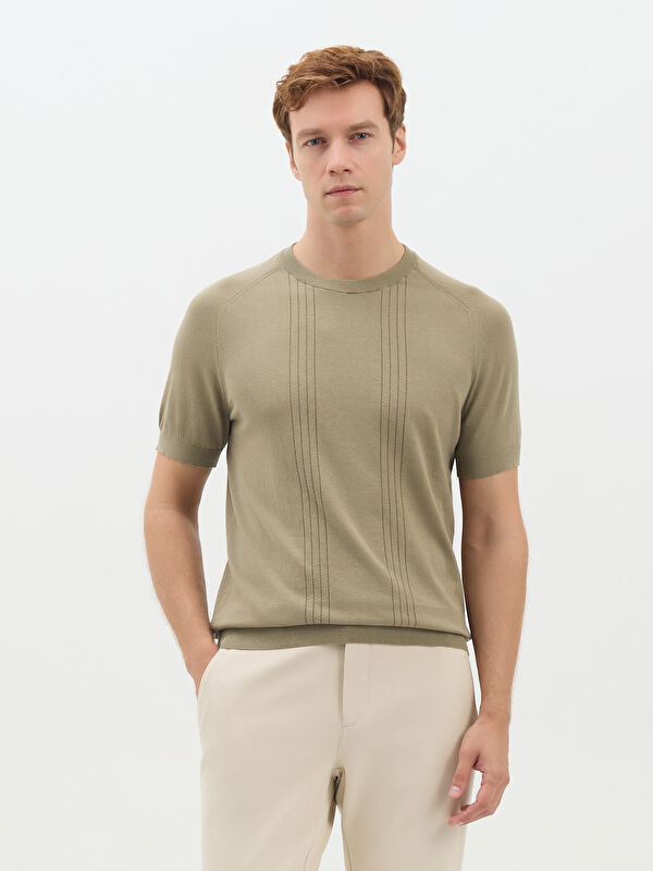 Erkek Haki %100 Pamuk Desenli Triko Tişört