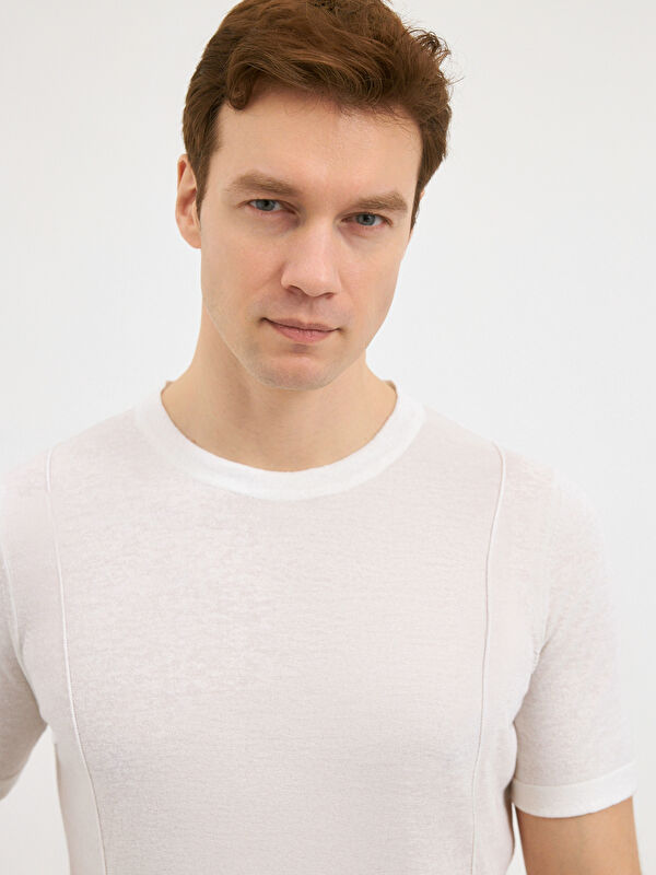 Erkek Beyaz Keten Karışımlı Triko Tişört