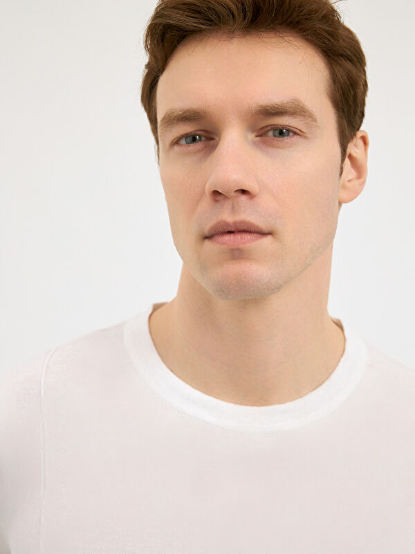 Erkek Beyaz Keten Karışımlı Triko Tişört