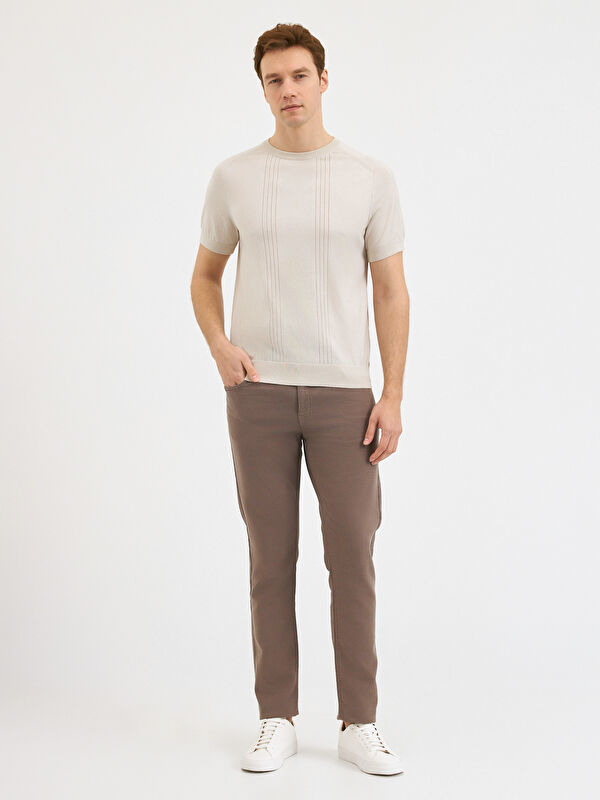 Erkek Taş Rengi %100 Pamuk Desenli Triko Tişört