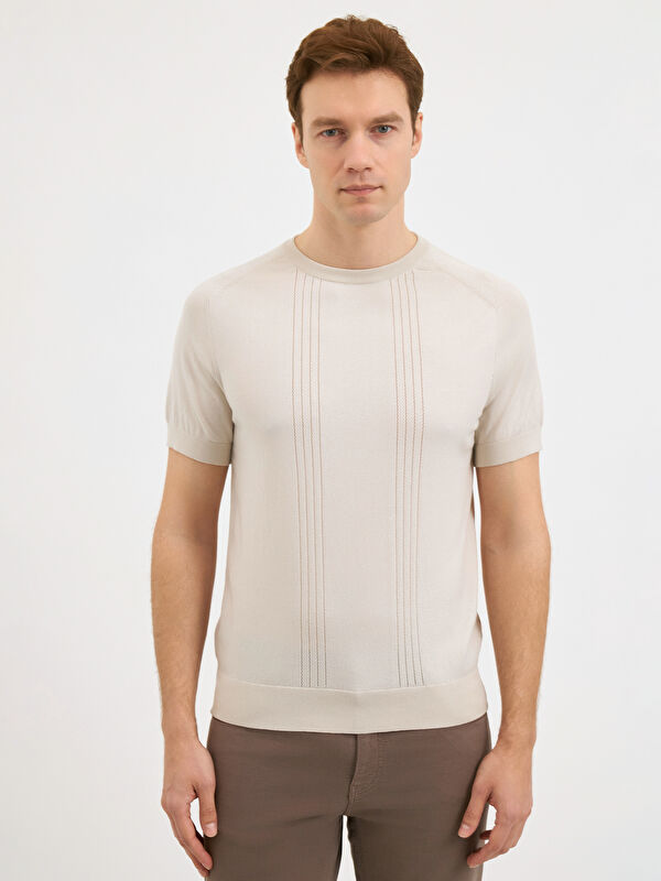 Erkek Taş Rengi %100 Pamuk Desenli Triko Tişört