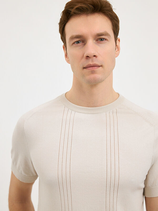 Erkek Taş Rengi %100 Pamuk Desenli Triko Tişört