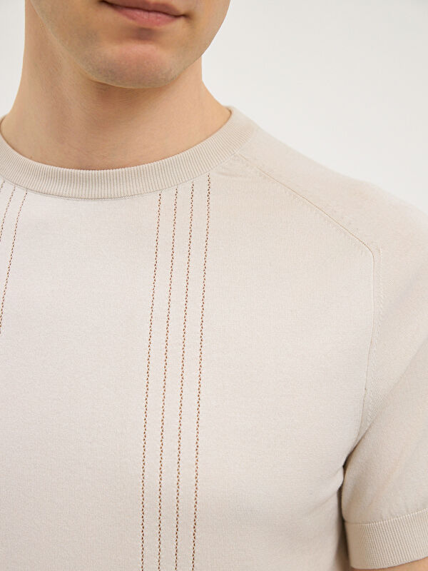 Erkek Taş Rengi %100 Pamuk Desenli Triko Tişört