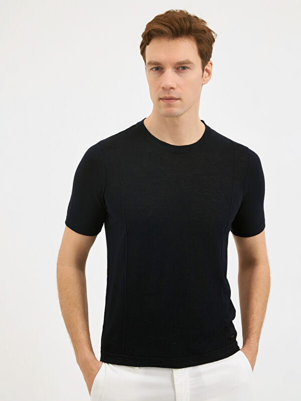 Erkek Lacivert Keten Karışımlı Triko Tişört