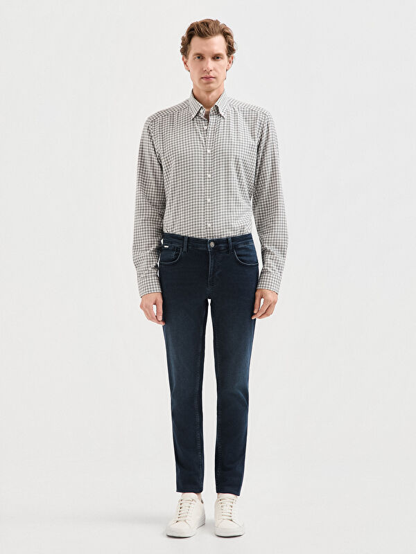 Erkek Koyu Lacivert Slim Fit Pamuk Karışımlı Jean Pantolon