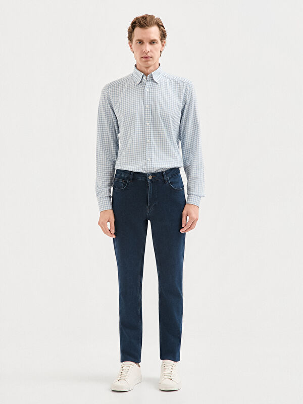 Erkek Lacivert Slim Fit Pamuk Karışımlı Jean Pantolon