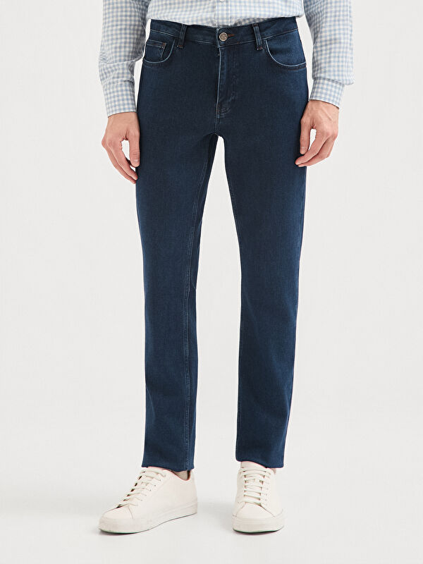 Erkek Lacivert Slim Fit Pamuk Karışımlı Jean Pantolon