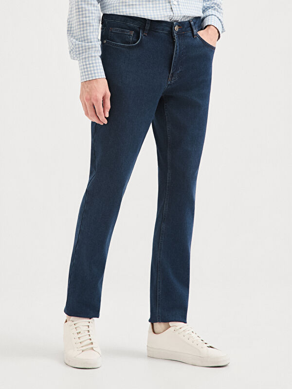 Erkek Lacivert Slim Fit Pamuk Karışımlı Jean Pantolon