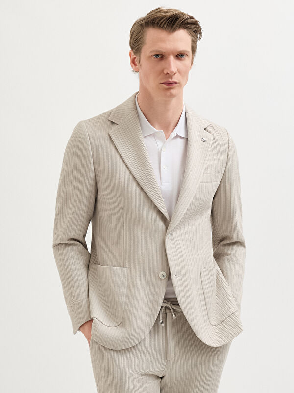 Erkek Taş Rengi Desenli Pamuk Karışımlı Casual Ceket