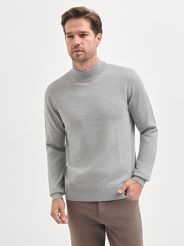 Erkek Açık Gri Yün Karışımlı Yarım Balıkçı Triko Kazak