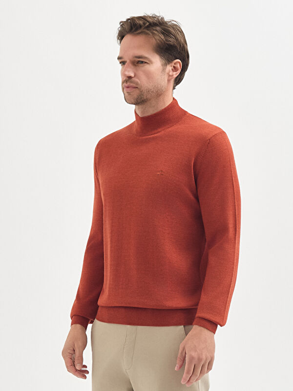 Erkek Turuncu Yün Karışımlı Yarım Balıkçı Yaka Triko Kazak