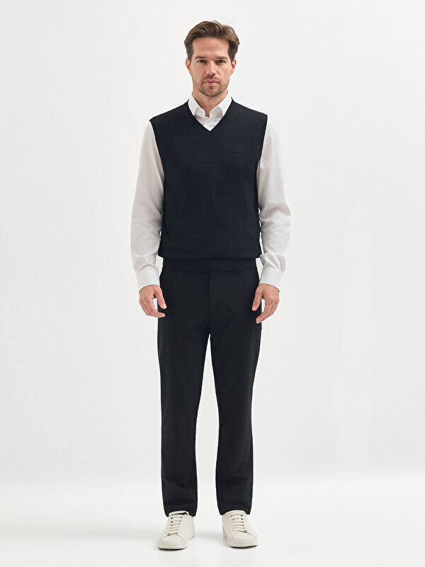 Erkek Siyah Yün Karışımlı V Yaka Triko Süveter