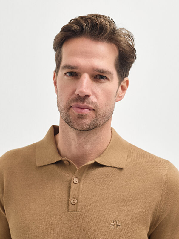 Erkek Camel Yün Karışımlı Polo Yaka Triko Kazak