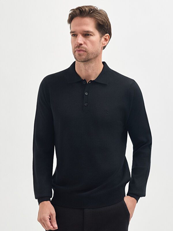 Erkek Siyah Yün Karışımlı Polo Yaka Triko Kazak