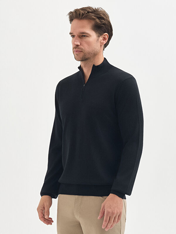 Erkek Siyah Yün Karışımlı Yarım Balıkçı Fermuarlı Triko Kazak