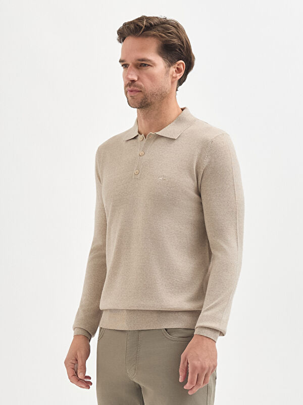 Erkek Bej Yün Karışımlı Polo Yaka Triko Kazak
