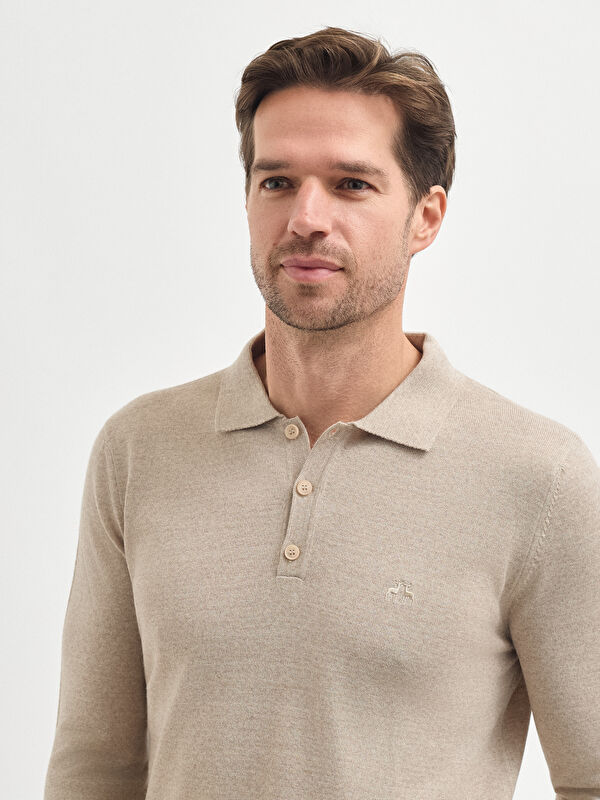 Erkek Bej Yün Karışımlı Polo Yaka Triko Kazak