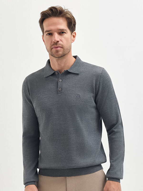 Erkek Koyu Gri Yün Karışımlı Polo Yaka Triko Kazak