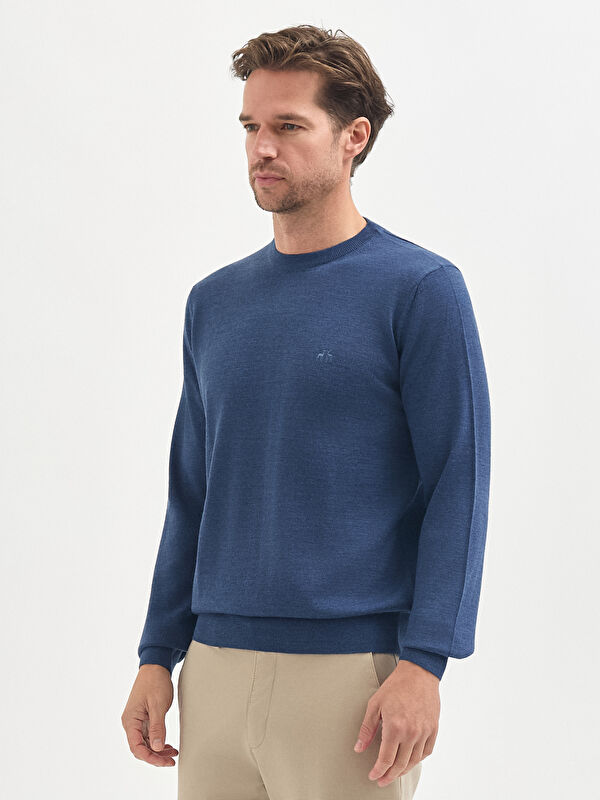 Erkek İndigo Yün Karışımlı Triko Kazak