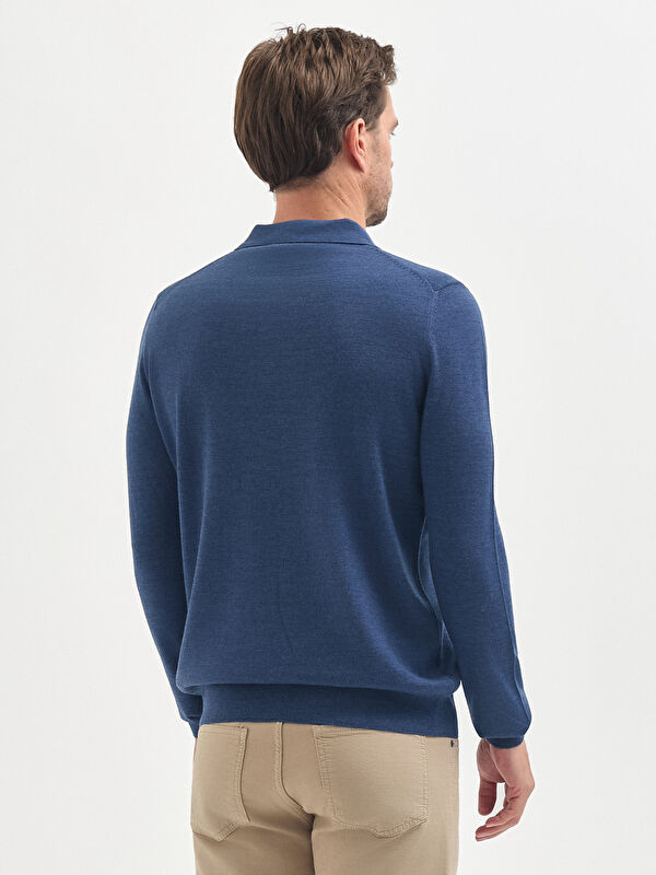 Erkek İndigo Yün Karışımlı Polo Yaka Triko Kazak