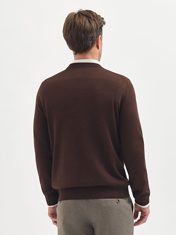 Erkek Kahverengi Yün Karışımlı V Yaka Triko Kazak