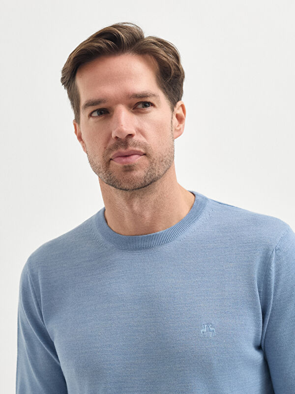 Erkek Açık Mavi Yün Karışımlı Triko Kazak