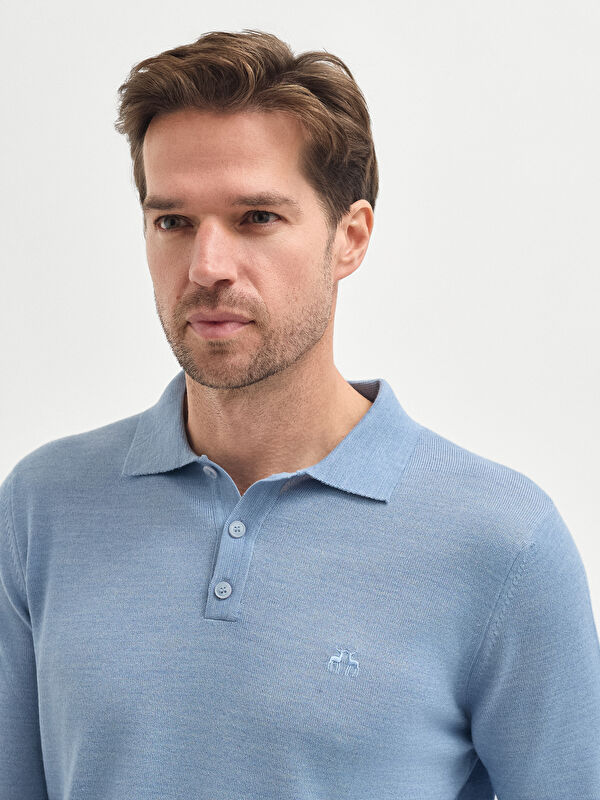 Erkek Mavi Yün Karışımlı Polo Yaka Triko Kazak