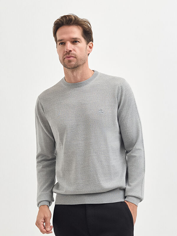 Erkek Açık Gri Yün Karışımlı Triko Kazak