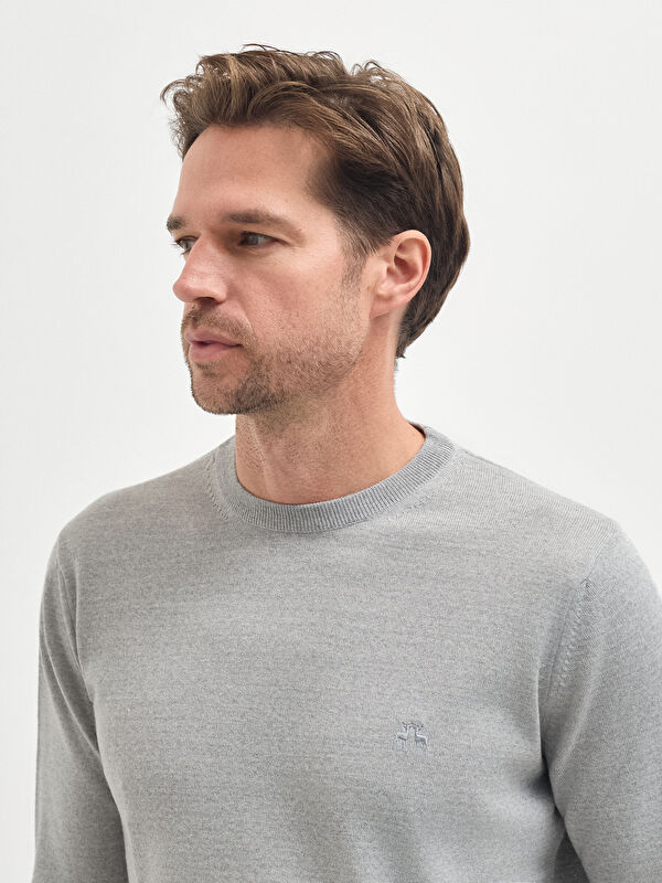 Erkek Açık Gri Yün Karışımlı Triko Kazak