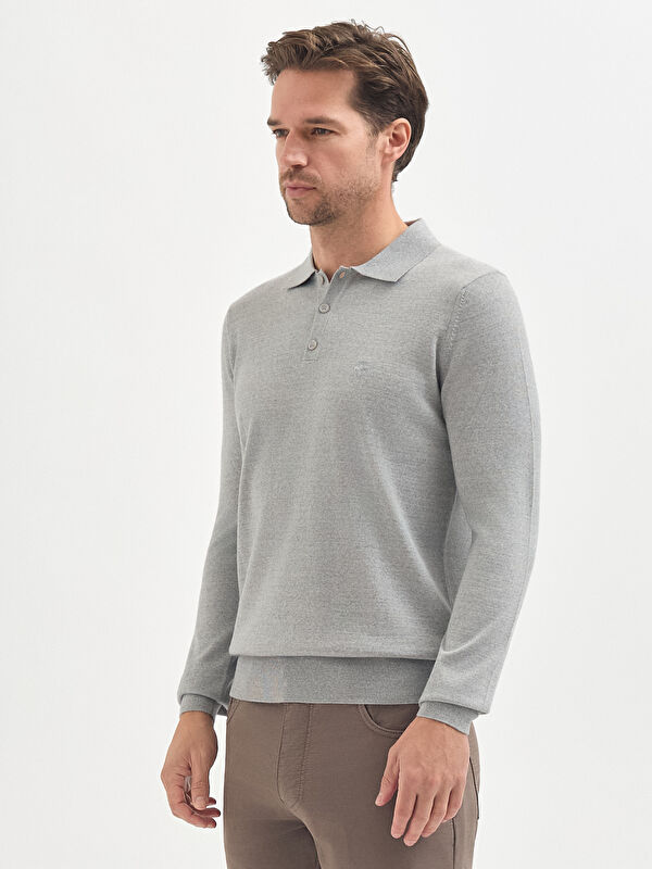 Erkek Gri Yün Karışımlı Polo Yaka Logo Detaylı Triko Kazak