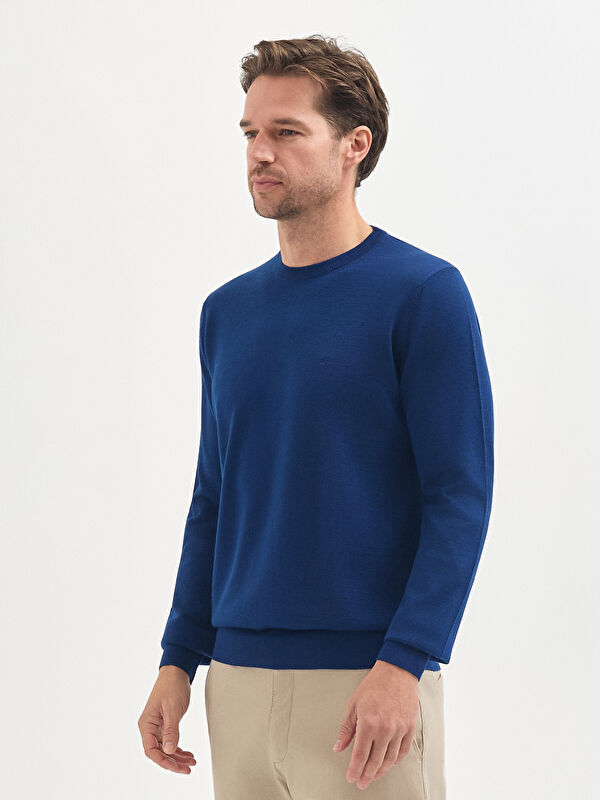 Erkek Mavi Yün Karışımlı Triko Kazak