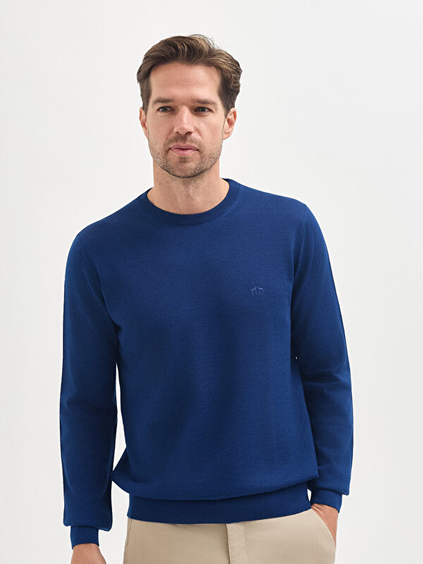 Erkek Mavi Yün Karışımlı Triko Kazak