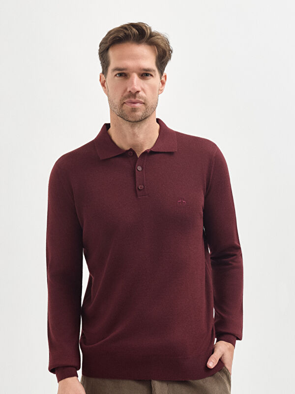 Erkek Bordo Yün Karışımlı Polo Yaka Triko Kazak