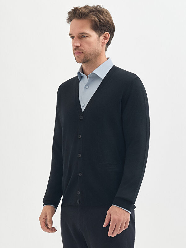 Erkek Siyah Yün Karışımlı Triko Hırka