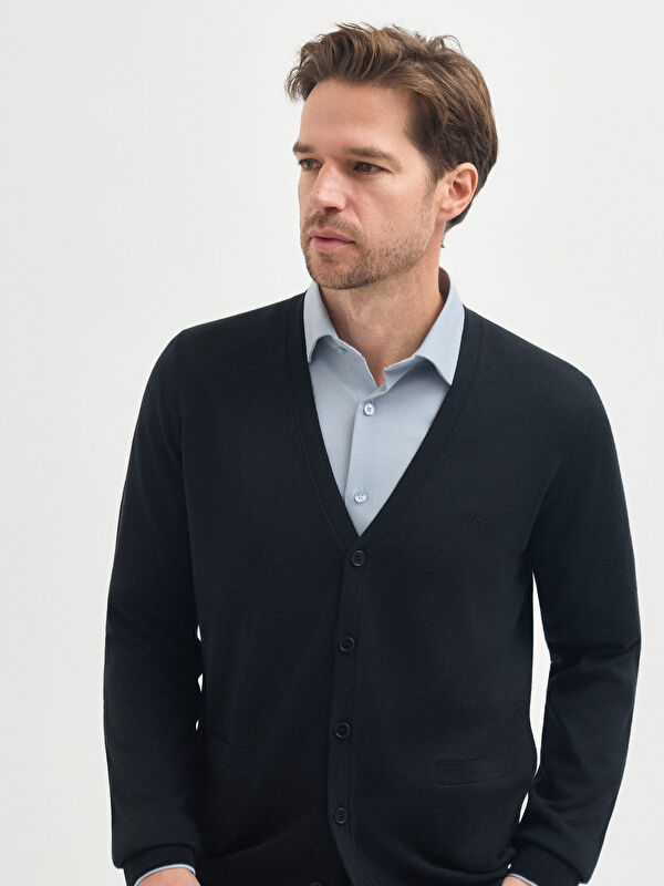 Erkek Siyah Yün Karışımlı Triko Hırka