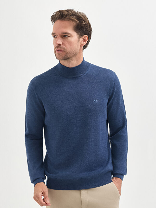 Erkek İndigo Yün Karışımlı Yarım Balıkçı Yaka Triko Kazak