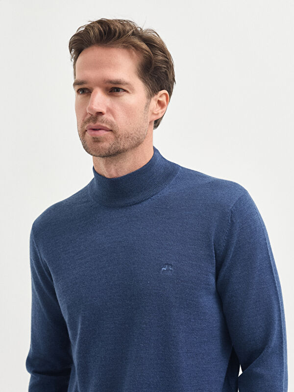 Erkek İndigo Yün Karışımlı Yarım Balıkçı Yaka Triko Kazak
