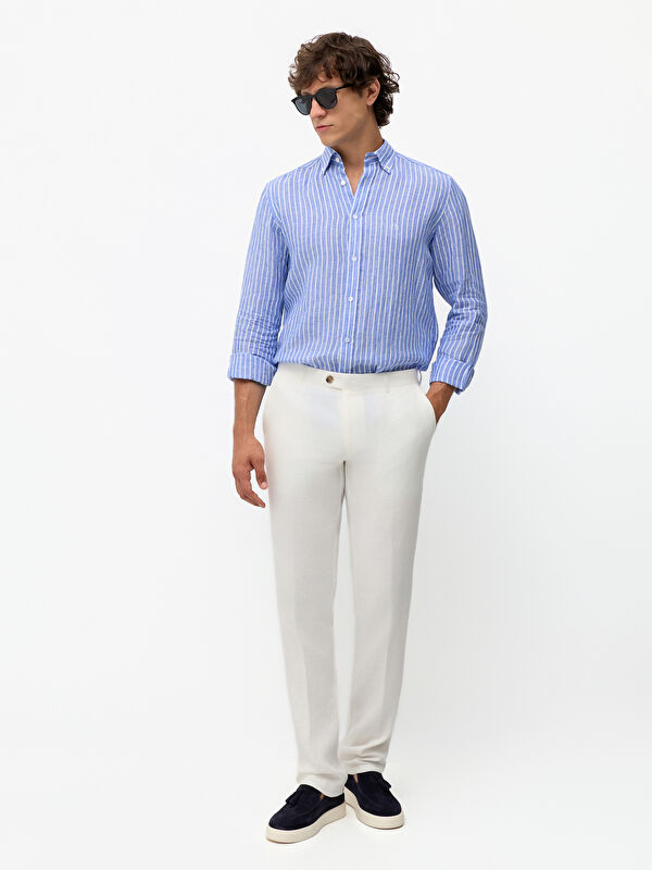 Erkek Krem Modern Fit %100 Keten Casual Pantolon