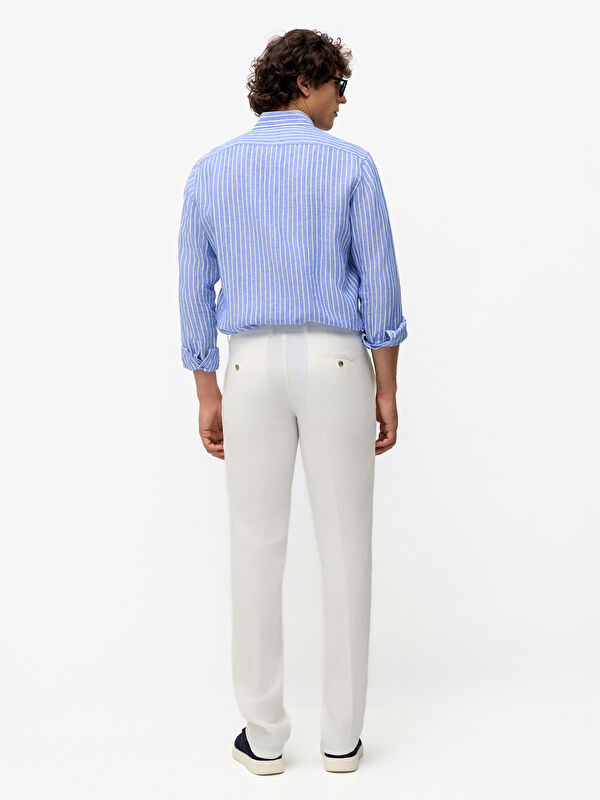 Erkek Krem Modern Fit %100 Keten Casual Pantolon
