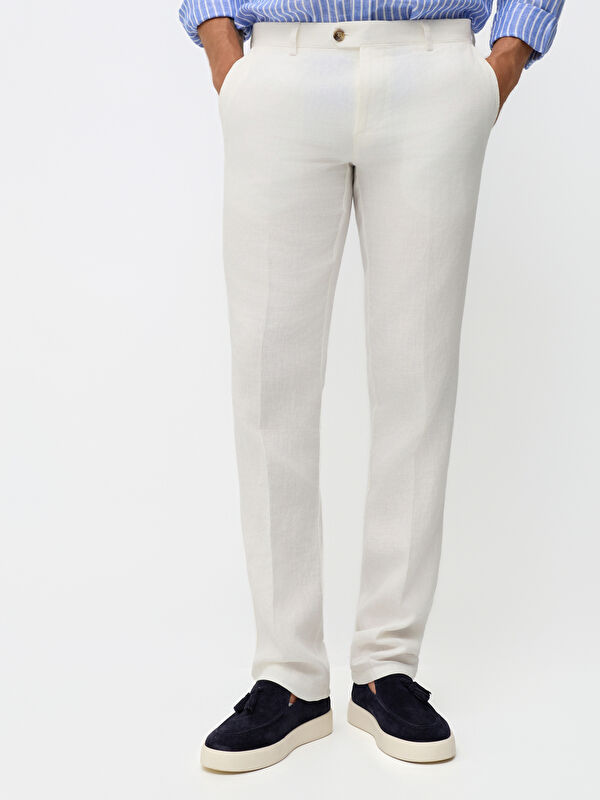 Erkek Krem Modern Fit %100 Keten Casual Pantolon