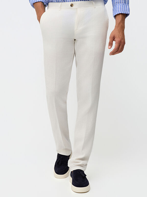 Erkek Krem Modern Fit %100 Keten Casual Pantolon